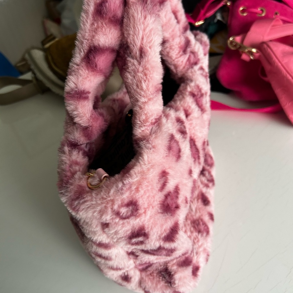 Y2K Juicy Couture Warm Up Mini Tote Pink Leopard Faux Fur Print Glam Bag - Picture 7 of 8